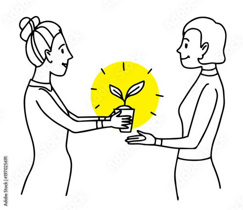 Woman giving a pot with plant to another woman. Lifestyle situation illustration. Vector isolated outline drawing.