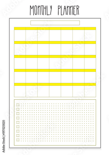 Monthly planner printable pages. Vector organizer template.