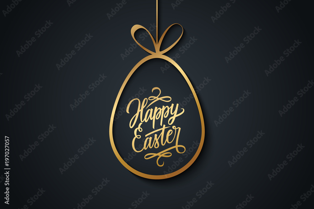Fototapeta premium Easter celebrate banner with golden easter egg and handwritten holiday wishes of a Happy Easter on black background. Vector illustration.