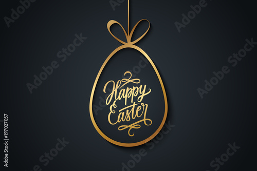 Easter celebrate banner with golden easter egg and handwritten holiday wishes of a Happy Easter on black background. Vector illustration.
