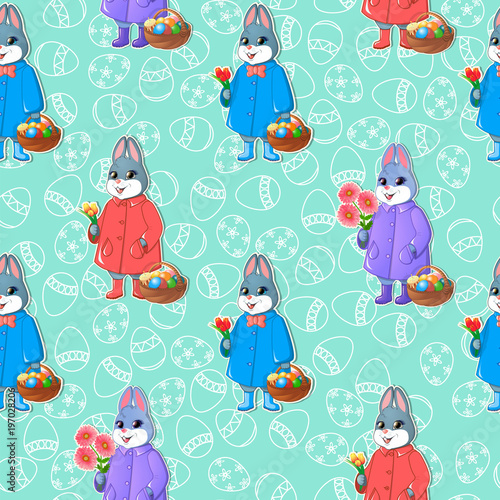 Seamless pattern with Easter bunnies. Rabbits keep bouquets of tulips and baskets with eggs and Easter cakes. Rabbits in a raincoat and rubber boots. Green background and silhouettes of eggs. Vector.