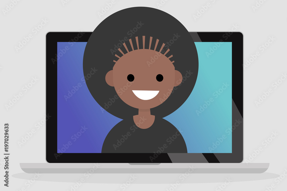 A portrait of smiling millennial black girl on a laptop screen. Communication. Generation z. Flat editable vector illustration, clip art A portrait of smiling millennial black girl on a laptop screen. Communication. Generation z. Flat editable vector illustration, clip art