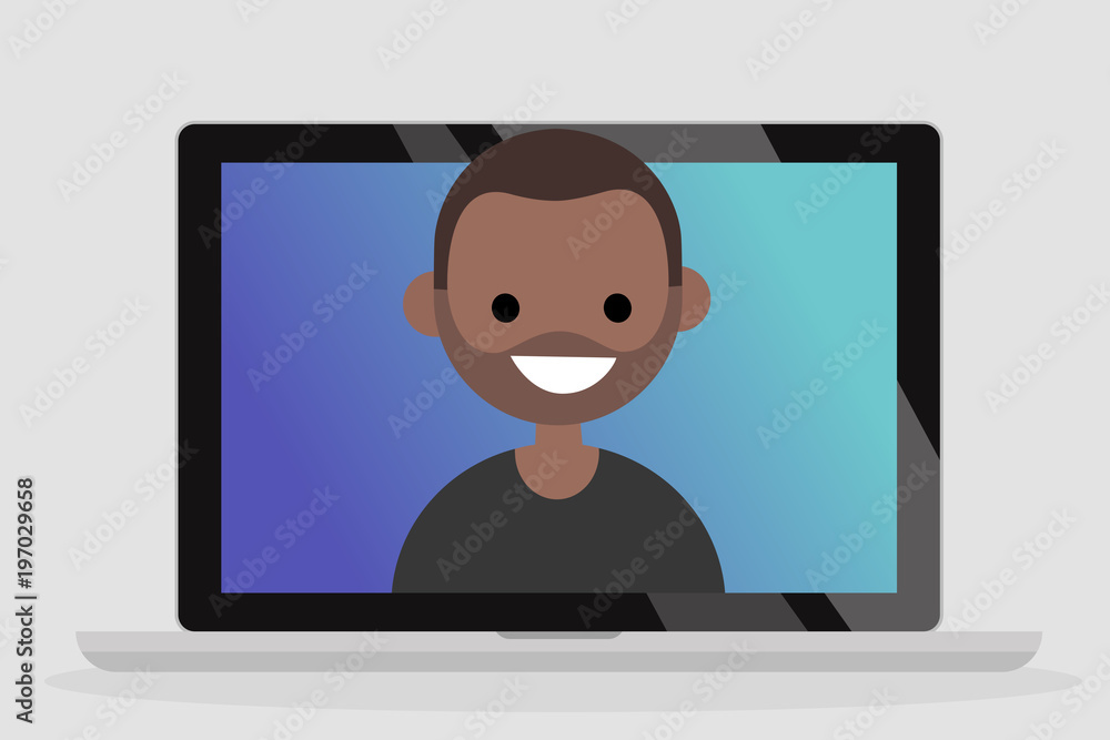A portrait of smiling millennial black man on a laptop screen. Communication. Generation z. Flat editable vector illustration, clip art A portrait of smiling millennial black man on a laptop screen. Communication. Generation z. Flat editable vector illustration, clip art