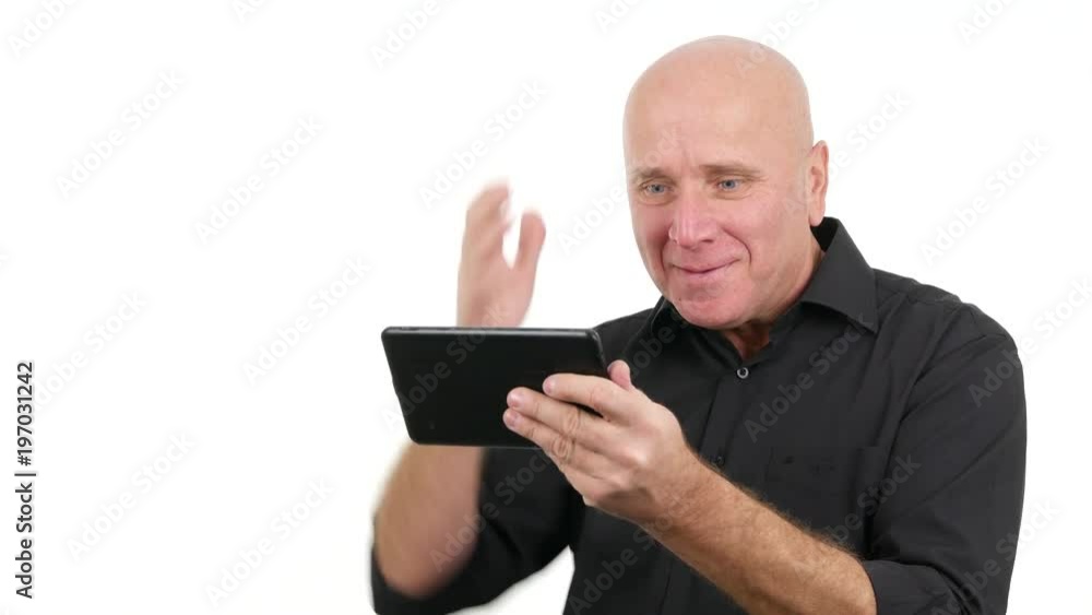 Happy Businessman Use Tablet Read Good News Make Enthusiastic Hand Gestures Happy Businessman Use Tablet Read Good News Make Enthusiastic Hand Gestures