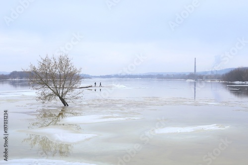 Early spring flood in frozen river. Two river Neris and Nemunas flow to one in Lithuania.