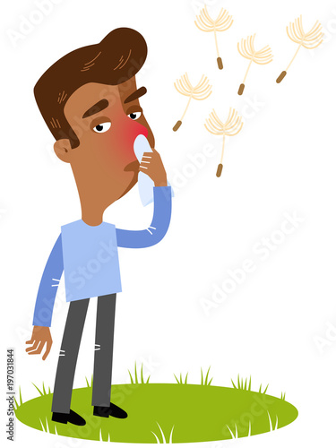 Vector illustration of a sick asian cartoon man having allergy to pollen, suffering from hay fever with tissue isolated on white background