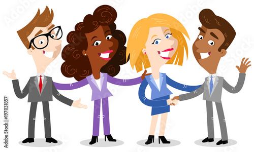 Vector illustration of friendly cartoon business people smiling and shaking hands isolated on white background