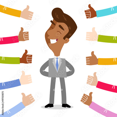 Vector illustration of a proudly smiling asian cartoon businessman surrounded by people giving thumbs up isolated on white background