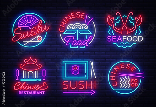 Collection neon signs Food. Set Logos in neon style Sushi, Seafood, Lobster, Chinese food, light emblem, night neon advertising for restaurant, snack bar, cafe, bar, dining room. Vector illustration