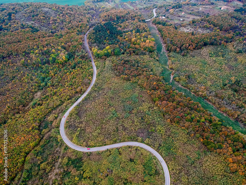Aerial view of a curly road