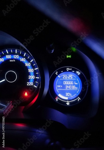 Car dashboard, speedometer panel.