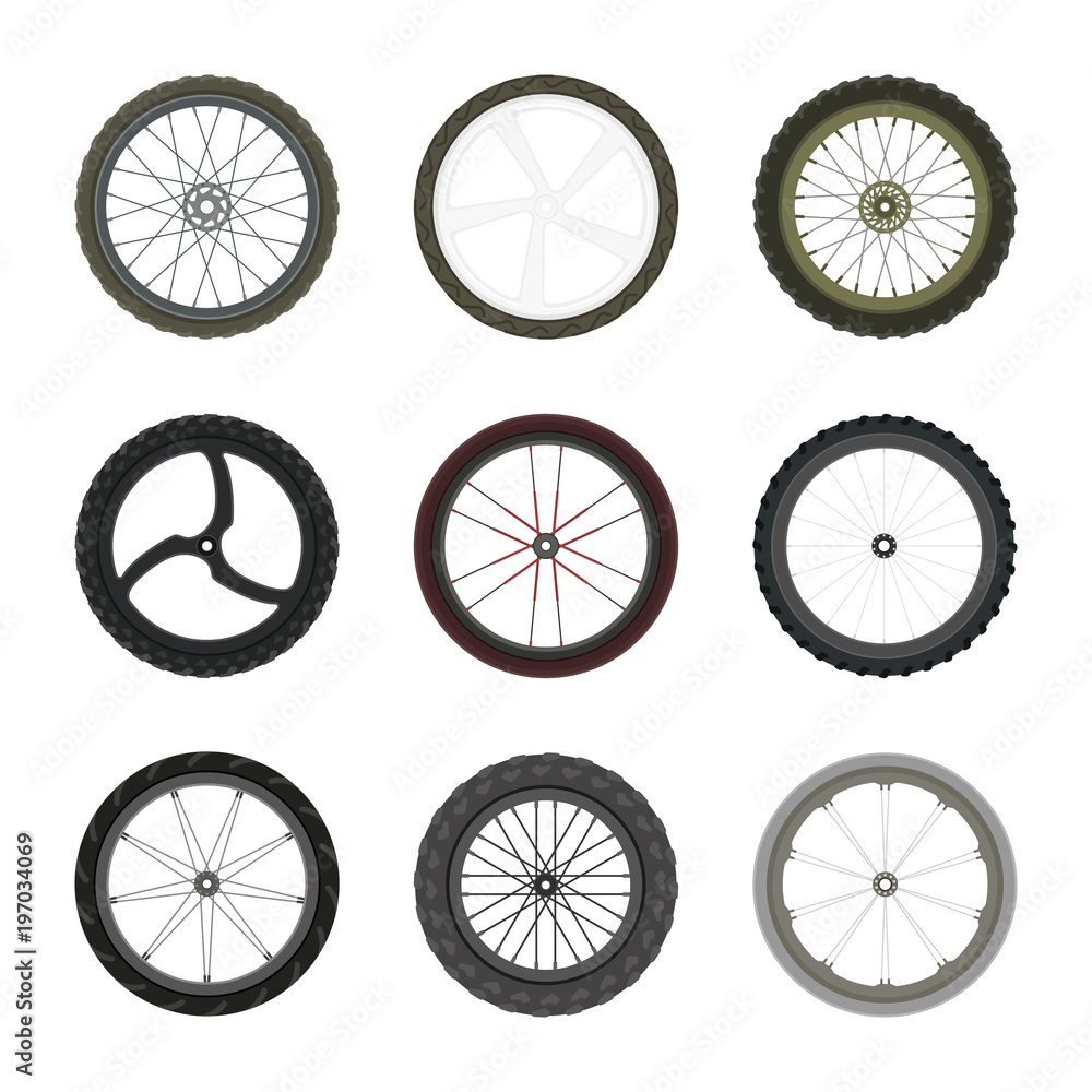 Set of Bicycle wheels in flat style isolated on white background. Vector illustration. Set of Bicycle wheels in flat style isolated on white background. Vector illustration.