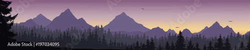 wide mountain landscape with forest and flying birds under the morning sky with clouds and rising sun - suitable for outdoor advertising