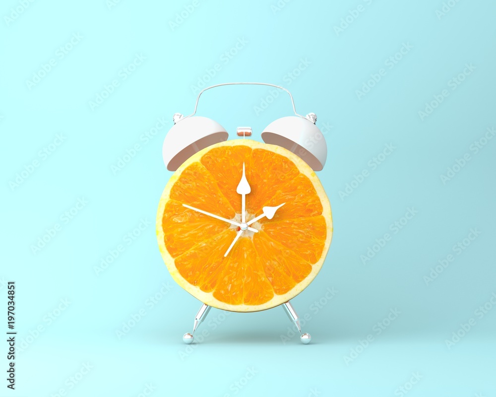 Creative idea layout fresh orange slice alarm clock on pastel blue background. minimal idea business concept. fruit idea creative to produce work within an advertising marketing communications - obrazy, fototapety, plakaty 