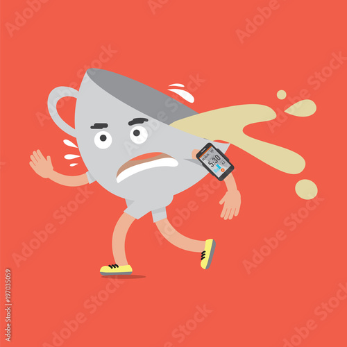 Coffee Cup On The Run With Smartphone Health Concept Cartoon Character Vector Illustration
