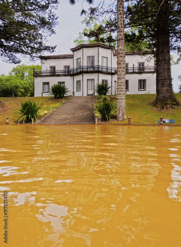 Thermal Water Pool and Mansion House in Terra Nostra Park, Furnas, Sao Miguel Island, Azores, Portugal