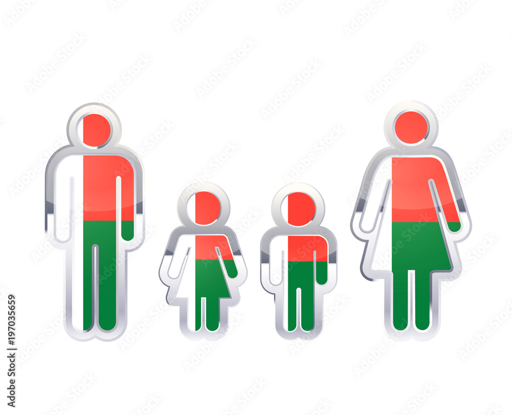 Glossy metal badge icon in man, woman and childrens shapes with Madagascar flag, infographic element on white Glossy metal badge icon in man, woman and childrens shapes with Madagascar flag, infographic element on white