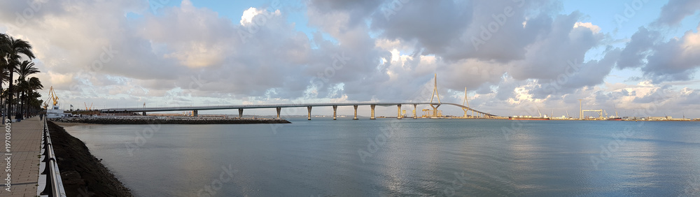 Panoramic view of the bay of Cadiz with the bridge of the Constitution of 1812, also called bridge of La Pepa in the background