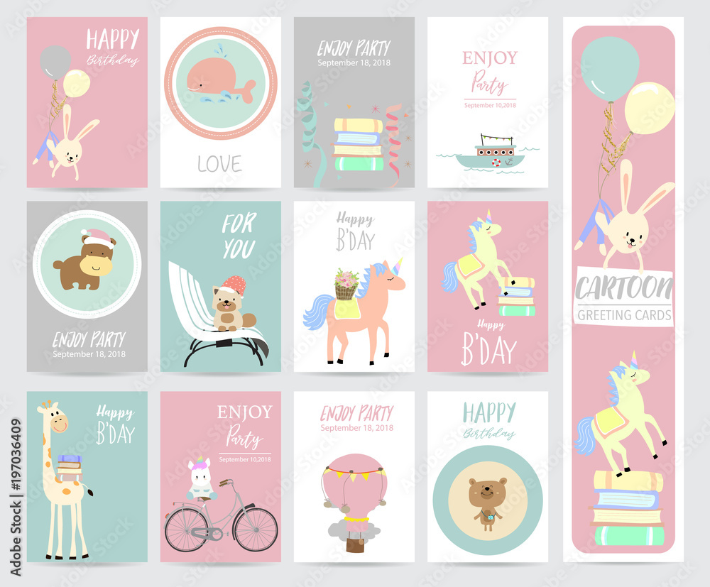 Green pink pastel greeting card with rabbit,whale,book,unicon,giraffe,dog,balloon,bear and hippopotamus