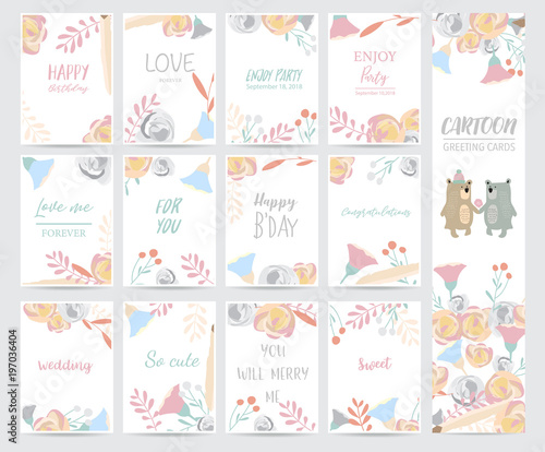 Colorful greeting card with bear,flower,leaf and plant