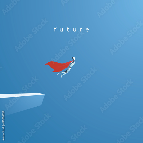 Ai or artificial intelligence vector concept with ai robot flying as superhero. Symbol of future technology, advance, automation and science.
