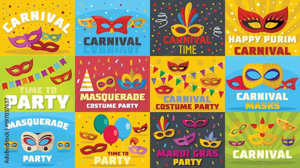 Carnival mask venetian banner concept set. Flat illustration of 12 carnival mask venetian vector banner horizontal concepts for web