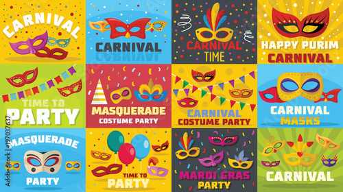 Carnival mask venetian banner concept set. Flat illustration of 12 carnival mask venetian vector banner horizontal concepts for web