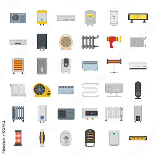 Electric heater device icons set. Flat illustration of 36 electric heater device vector icons for web
