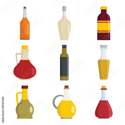 Vinegar bottle icons set. Flat illustration of 9 vinegar bottle icons for web