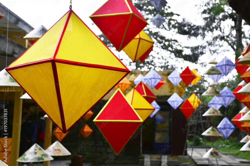 Colourful lanterns hanging near the Royal Treasury building in the Imperial City, Hue, Vietnam
