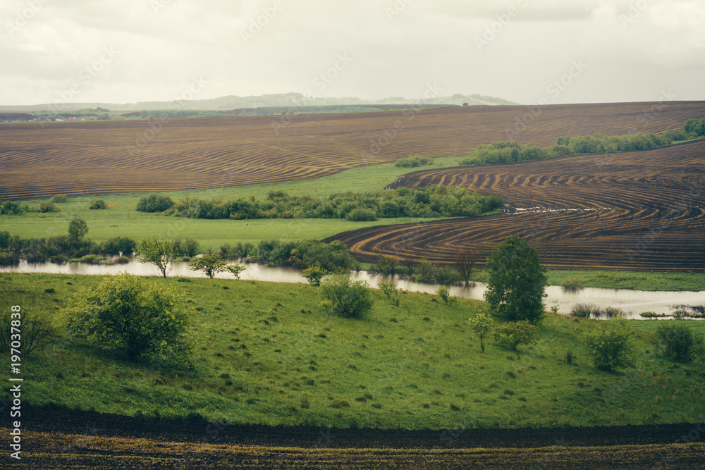 Naklejka premium Spring green fields with planted crops among the hills.