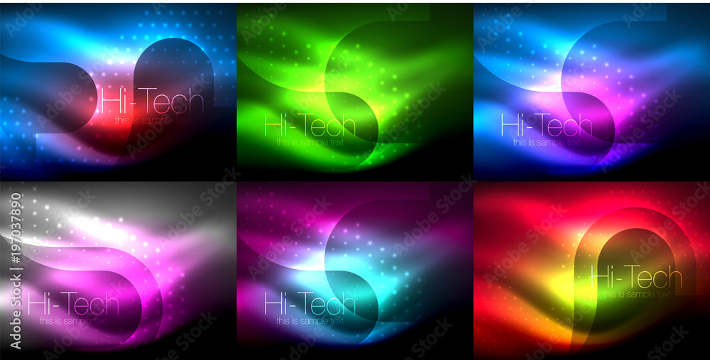 Set of neon glowing waves and lines, shiny light effect digital techno motion backgrounds. Collection of dark space magic vector templates