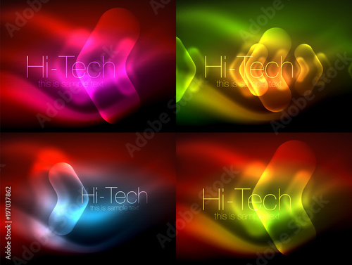 Set of abstract backgrounds. Blurred arrows in dark space. Neon pointers, glass glossy design, abstract techno background, web banner