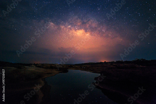 Milky way galaxy with stars and space dust in the universe, Night landscape with colorful Milky Way and yellow light, Beautiful Universe, Copy space background.