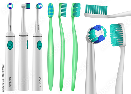Toothbrush dental mockup set. Realistic illustration of 9 toothbrush dental mockups for web