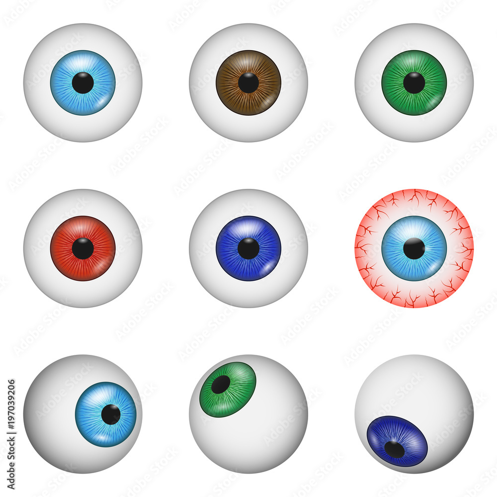 Eye ball anatomy mockup set. Realistic illustration of 9 eye ball anatomy mockups for web Eye ball anatomy mockup set. Realistic illustration of 9 eye ball anatomy mockups for web