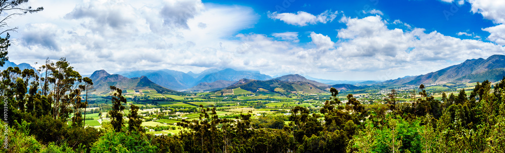 Panorama view of the Franschhoek Valley in the Western Cape of South Africa with its many vineyards in the Cape Winelands, surrounded by the Drakenstein mountain range, as seen from Franschhoek Pass