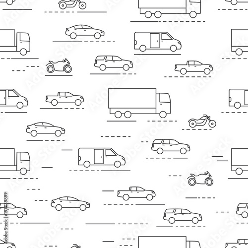 Seamless cars and bikes pattern grey on white background