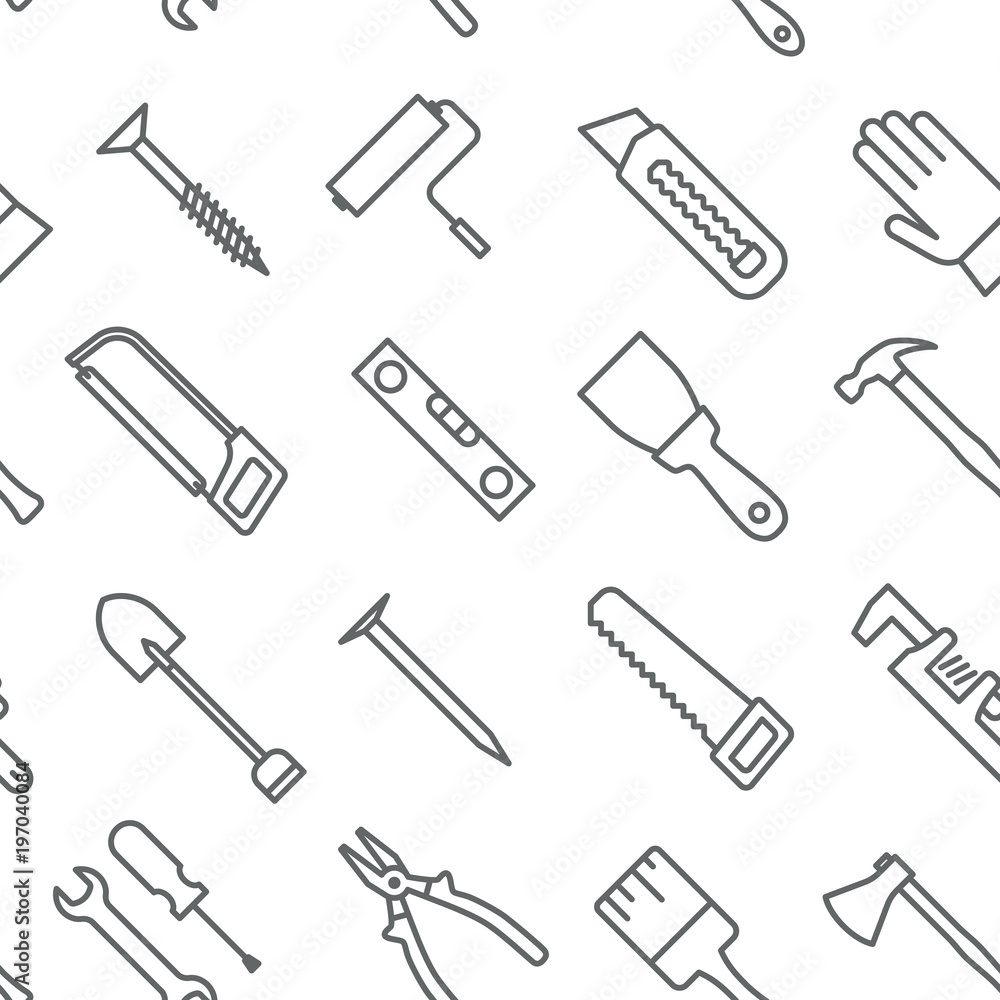 Seamless construction tools pattern grey on white background