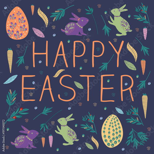 Happy bunny easter with egg, rabbit, carrot. Cute and bright graphic for brand who has fun and happy style. Suits for kids/children pattern.