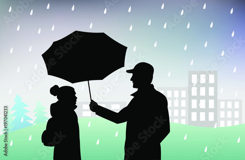 man holds an umbrella over  girl, protecting her from  rain, bad rainy weather