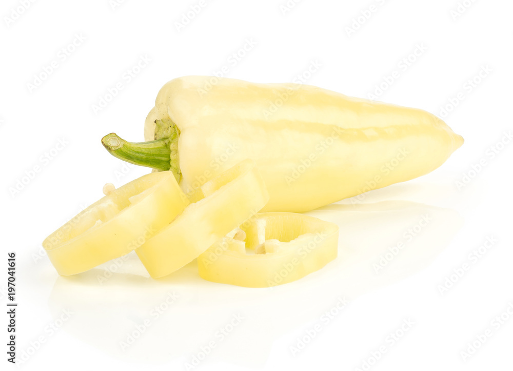 One white paprika (Hungarian sweet pepper) and three slices isolated on white background. One white paprika (Hungarian sweet pepper) and three slices isolated on white background.