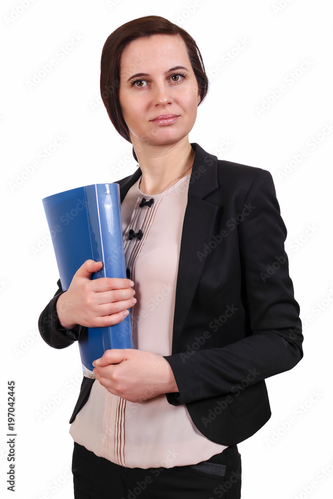The girl in a jacket holds the folder in hand The girl in a jacket holds the folder in hand