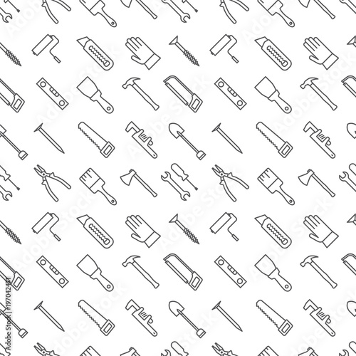 Seamless construction tools pattern grey on white background