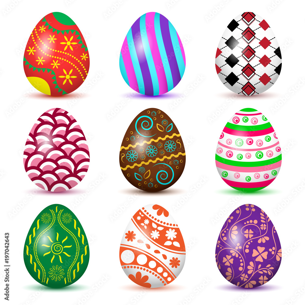 Colorful collection of Easter eggs with colored shadow, isolated on white background. Vector illustration