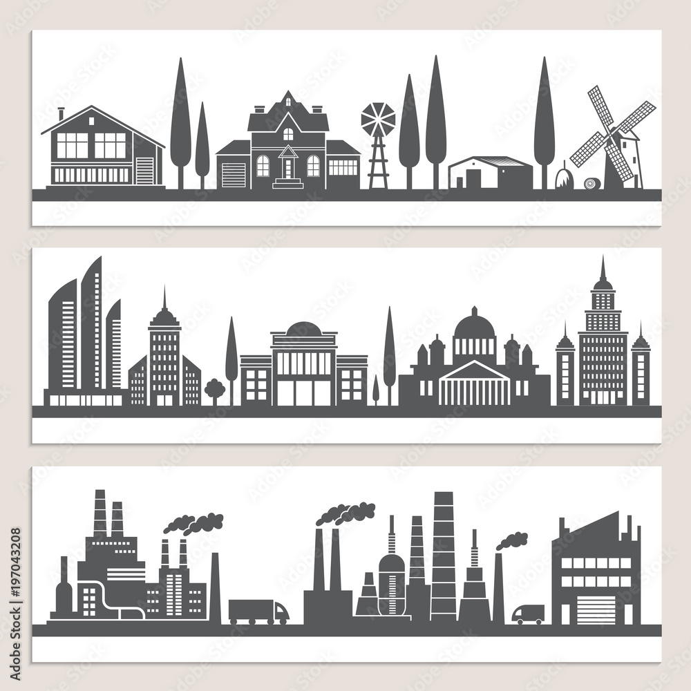 Set of horizontal banners with monochrome illustrations of urban landscapes. Silhouette of modern buildings