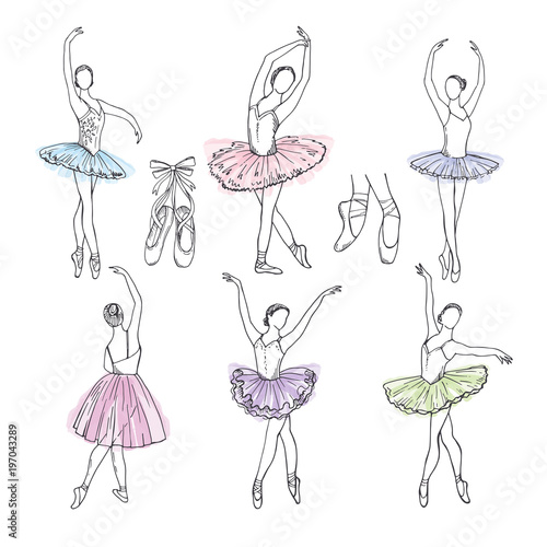 Artistic hand drawn pictures set of theatre theme. Ballerinas dancing
