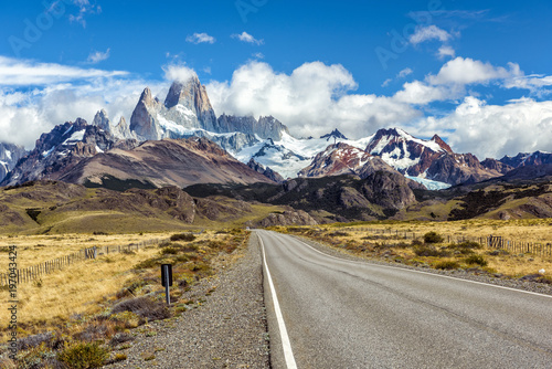 Road and panorama with Fitz Roy mountain at Los Glaciares National Park