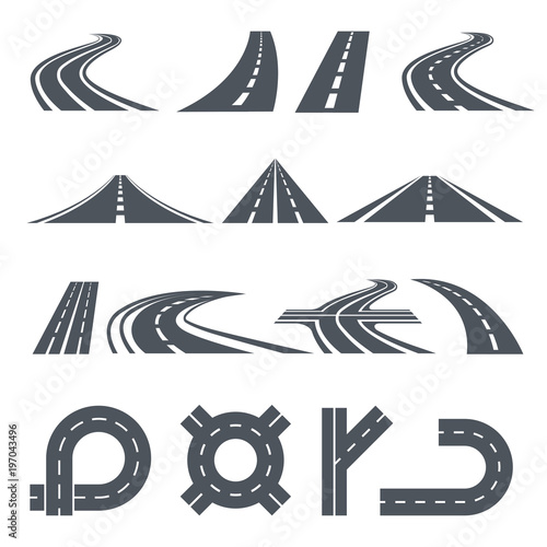 Isolated vector pictures of pathway, different roads and long highway