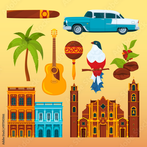 Havana cigar and others differents cultural objects and symbols of Cuba